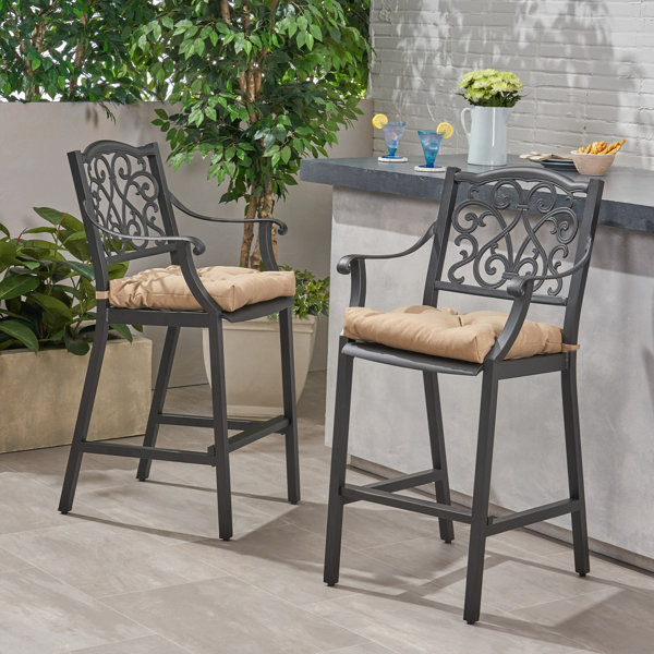 Fleur De Lis Living Pinney Metal Outdoor 28.25'' Bar Stool with Cushion